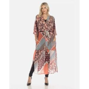 Johnny Was Roslyn Astrid Patchwork Dress Belted Midi Peach Brown Coral S
